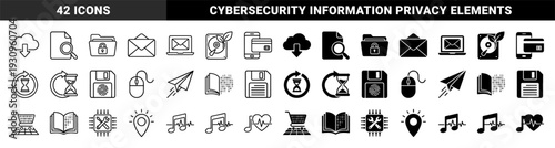 Data security and information management icons featuring hybrid designs like hourglass cycles biometric floppy disks and digital book data streams