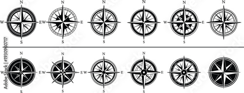 Collection of vintage black and white nautical compass rose icons with cardinal directions north south east west isolated on white background for cartography and design.