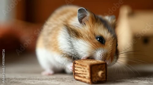 Adorable little hamster focused on gnawing a small wooden treat, captured in a delightful close-up