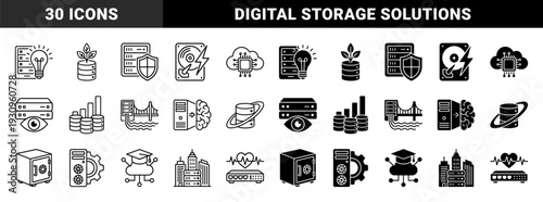 Data infrastructure and storage hybrid icons featuring database servers merged with organic growth bulbs security shields and bridge connectivity symbols