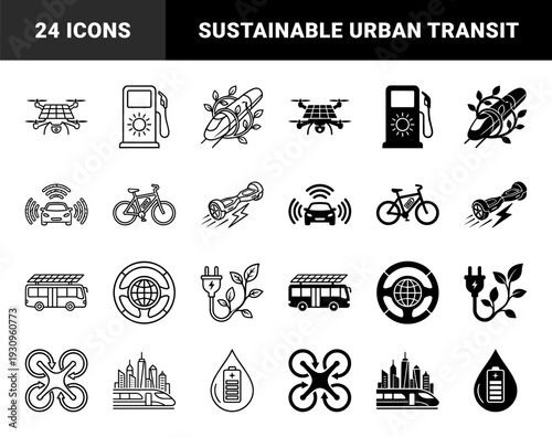 Sustainable transportation and eco friendly mobility symbols featuring hybrid designs of electric vehicles renewable energy and green urban transit solutions