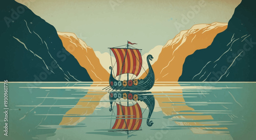 Viking ship sailing through serene fjord landscape with majestic mountains.