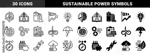 Renewable energy and smart grid conceptual icons featuring hybrid designs of wind turbine brain solar panel clipboard and battery water flow symbols