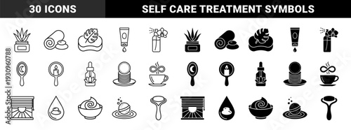 Wellness and self care hybrid line symbols featuring aloe vera jars massage stones with rolled towels and aromatherapy diffuser bottles in a dual stroke and solid style