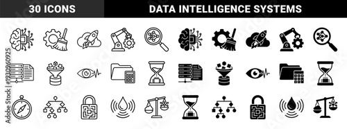 Hybrid Automation and Data Intelligence Symbols Featuring Neural Brain Circuits Robotic Arms Cloud Rockets and Hourglass Microchips in Dual Line and Solid Styles