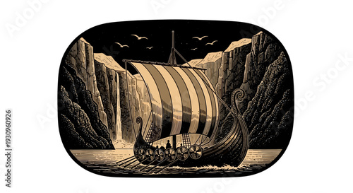 Viking longship sailing through a fjord with waterfall at night.