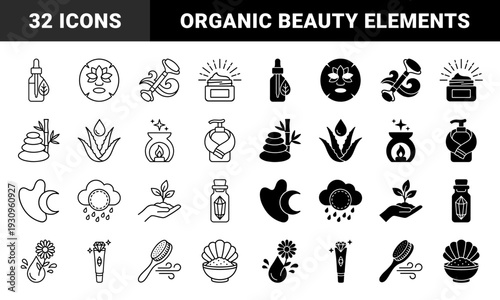 Natural skincare and holistic wellness hybrid line and glyph elements featuring botanical infusions organic serum droplets and zen spa minerals for cosmetic branding