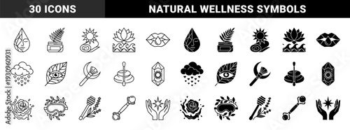 Abstract Wellness and Holistic Beauty Symbols Merging Natural Elements with Cosmetic Tools in Minimalist Linear and Solid Geometric Styles