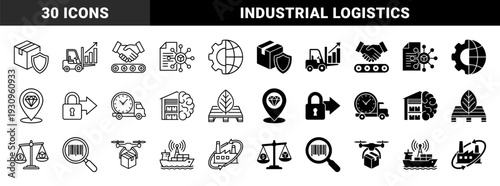 Sustainable Logistics and Smart Supply Chain Management Icons Featuring Hybrid Industrial Concepts Like Green Shipping and Automated Warehousing