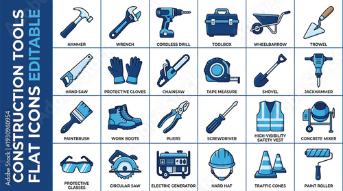 Construction Tools and Portable Equipment Icon Set