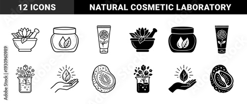 Organic skincare and botanical laboratory hybrid symbols featuring herbal mortar pestle cosmetic jars rose cream tubes and floral chemistry beakers