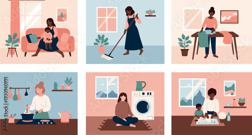 Collection of women performing daily housework chores including cleaning cooking and childcare
