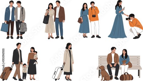 Collection of travelers and couples with suitcases and bags in flat illustration style