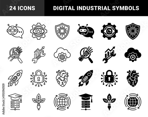 Hybrid technology and organic concept icons featuring robot chat bubbles gear eye vision security shield processor rocket battery and heart anatomy