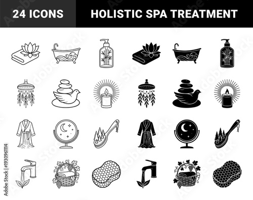 Wellness and self care hybrid icons featuring lotus towels wave bathtubs bamboo soap eucalyptus showers bird massage stones moon mirrors and forest brushes