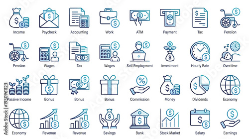 Collection of blue finance and investment line icons with money, banking, analytics and global symbols.