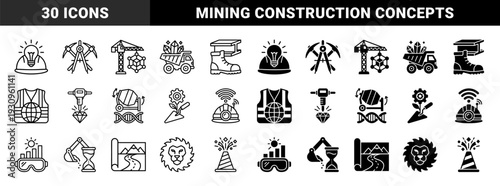 Industrial mining and construction engineering hybrid icons featuring heavy machinery merged with biological dna structures and geometric symbols