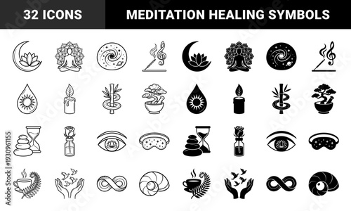 Zen hybrid wellness symbol set merging lotus moon incense music note and meditation mandala with minimalist outline and solid flat style