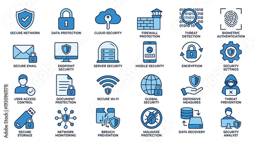 Collection of blue cybersecurity and data protection icons with shield, cloud, lock, server and network symbols.