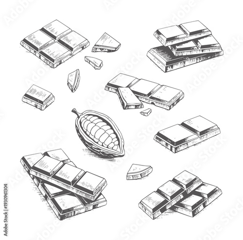 Black and white of chocolate bars and cocoa pod bean