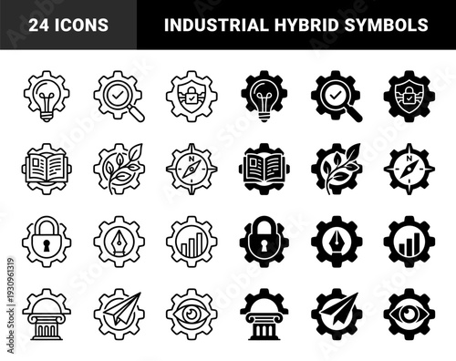 Hybrid industrial gear symbols merging mechanical cogs with conceptual metaphors including lightbulbs leaves magnifying glasses and security locks