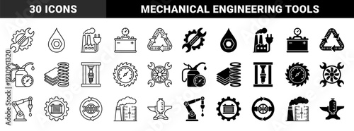Heavy industrial manufacturing hybrid icons featuring mechanical gear wrenches power plant chimneys hydraulic press and robotic arm engineering symbols