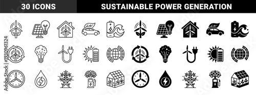 Sustainable energy hybrid icons featuring wind turbine house mergers solar panel lightbulb combinations and electric vehicle leaf concepts in linear and solid styles