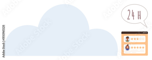 Online services, communication, customer reviews, cloud data, 24-hour support, digital platforms. A cloud with a review interface and 24-hour speech bubble. Online services and communication concept