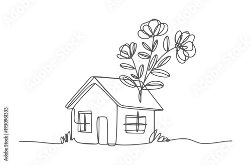Black and white single line of a house with flowers growing from roof home plant