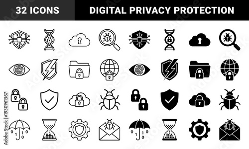 Cyber security and data protection hybrid icons featuring biometric scanning shield encryption dna privacy cloud safety and malware detection symbols