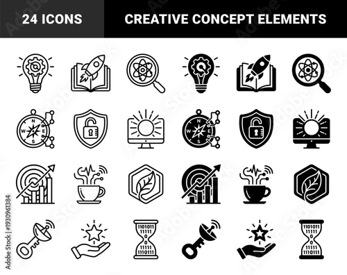 Linear and solid hybrid icons merging technology with conceptual metaphors featuring gear lightbulbs rocket books atomic magnifiers and binary hourglases