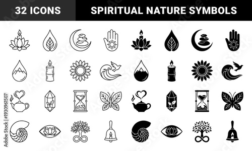 Hybrid Zen and Wellness Symbols Merging Lotus Flowers with Candles Mountain Peaks Inside Water Drops and Celestial Moon Stone Elements