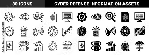 Cybersecurity and digital protection hybrid icons featuring merged symbols like brain with gear, locked safe with circuit, and umbrella with data code