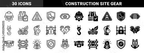 Construction Safety and Industrial Equipment Hybrid Symbol Collection Featuring Protective Gear Integrated with Mechanical Gears and Warning Elements