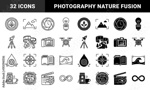 Hybrid photography and nature icon collection featuring camera apertures merged with leaves mountains rockets and coffee in linear and solid styles