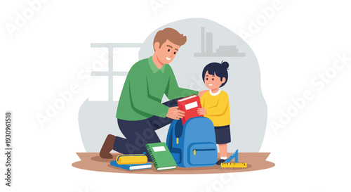 An adult and a child packing a backpack with school supplies on a brown floor against a gray background.