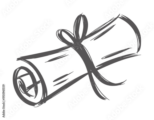 Simple black and white line of a rolled diploma tied with ribbon scroll