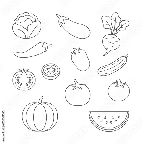 Simple line collection of various vegetables and fruit cauliflower eggplant chili