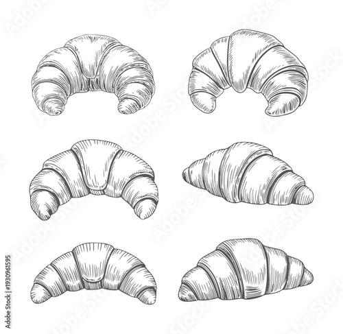 Six black and white hand drawn croissant in various angles pastry baking food breakfast