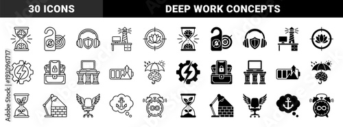 Hybrid mental productivity and deep focus icons featuring conceptual metaphors like brain hourglass lotus target and shielded headphones in line and solid styles