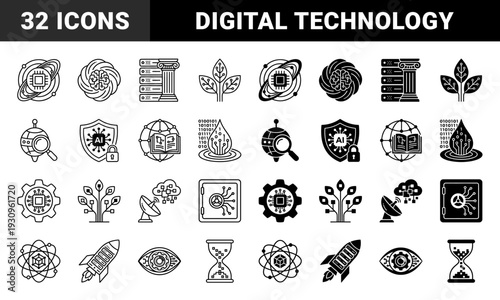 Hybrid digital technology and data infrastructure icons featuring abstract neural network brains integrated with organic growth and security systems