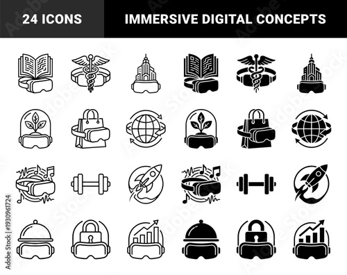 Mixed style virtual reality symbols merging digital headsets with education medicine architecture nature shopping finance and travel concepts
