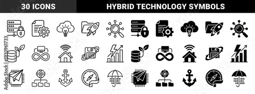 Hybrid digital and physical metaphor icons featuring server lock paper settings cloud lightbulb rocket folder search magnifying glass database sprout infinity computer and smart home