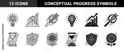 Hybrid conceptual symbols merging organic growth and technical precision featuring data hourglass sunflower solar panel and mountain progress chart