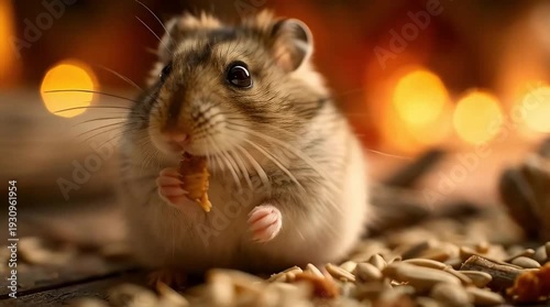 Adorable dwarf hamster enjoying a tasty meal, nibbling on seeds with blurred warm background