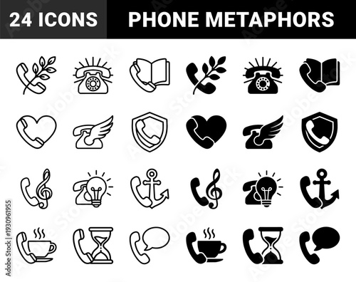 Handset communication symbols merged with conceptual metaphors like an olive branch heart wings anchor hourglass and compass in solid and outline style