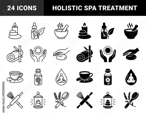 Wellness and holistic therapy icons featuring hybrid designs merging candle stones with lotus flowers and herbal medicine droppers in dual line and solid styles