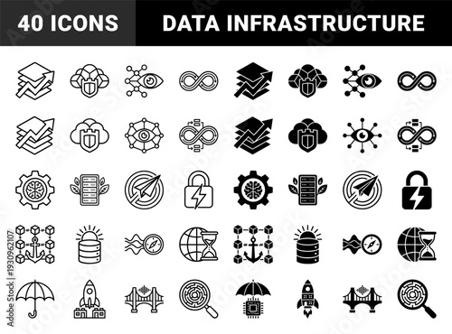 Abstract data infrastructure and security metaphors featuring hybrid symbols like cloud shields neural gear systems and blockchain anchors in dual line solid styles