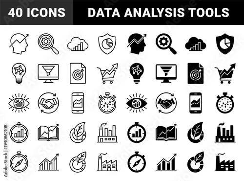 Data analytics and business management hybrid symbol set merging industry manufacturing commerce environmental growth and performance tracking metrics with linear and solid styles