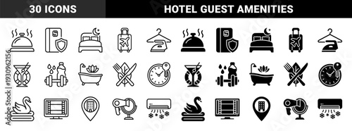 Hotel hospitality and travel service icons featuring hybrid conceptual symbols for lodging concierge luggage security and guest amenities in line and solid style
